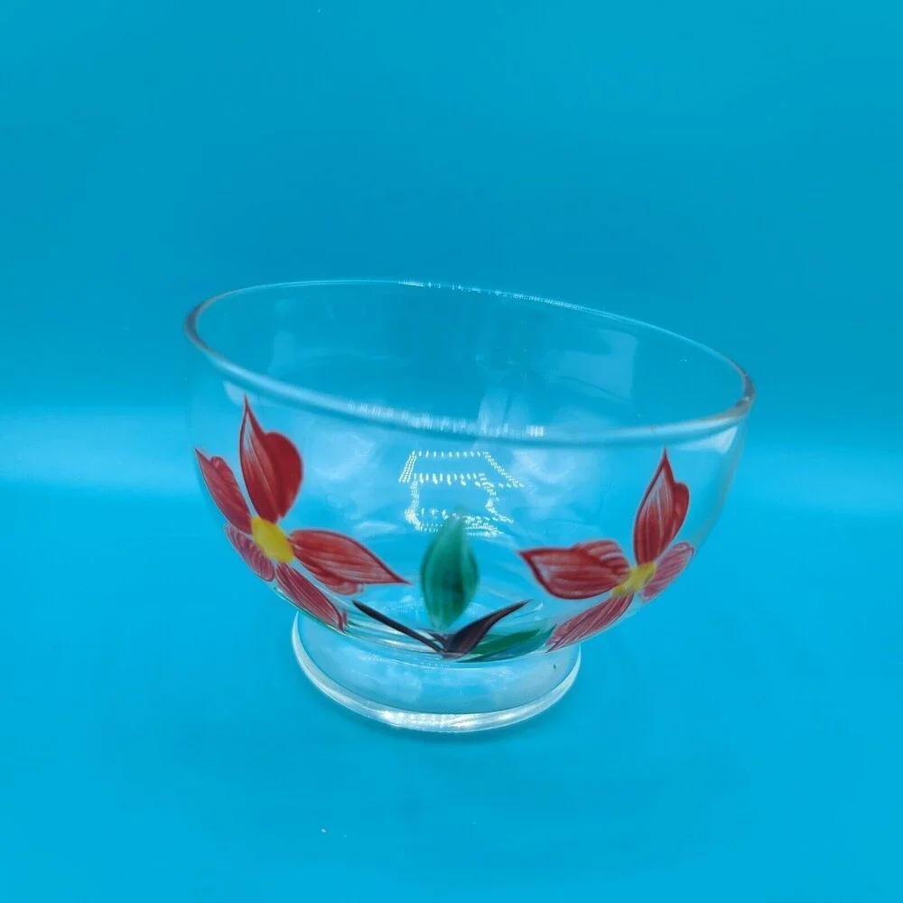 Hand Painted Clear Glass Sauce Floral Bowls Set Of 4